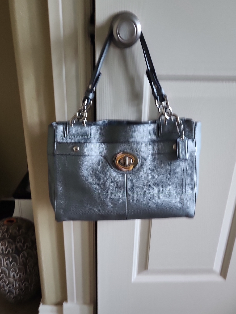 Coach Metallic Gray Leather Shoulder Bag with Turn-Lock